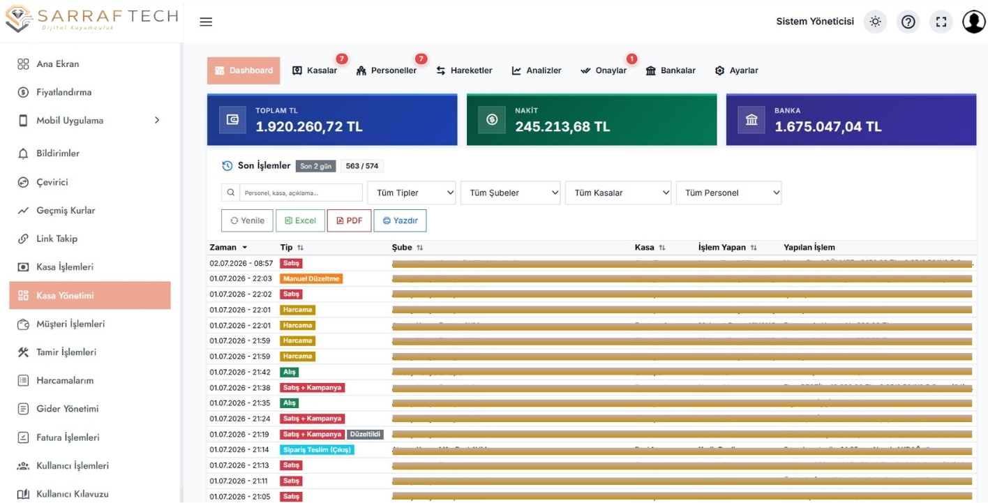 SarrafTech kasa yönetim paneli — kasa ekranı