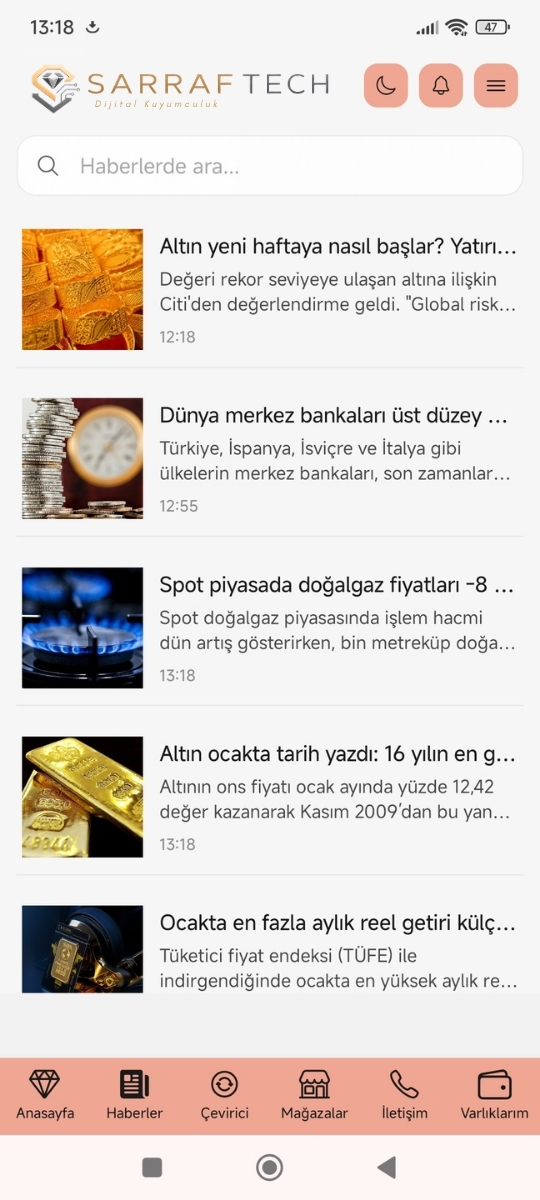 Mobil uygulama — haberler ekranı