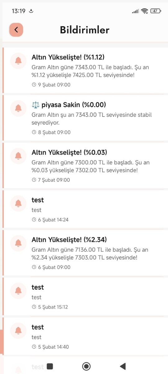 Mobil uygulama — bildirimler ekranı