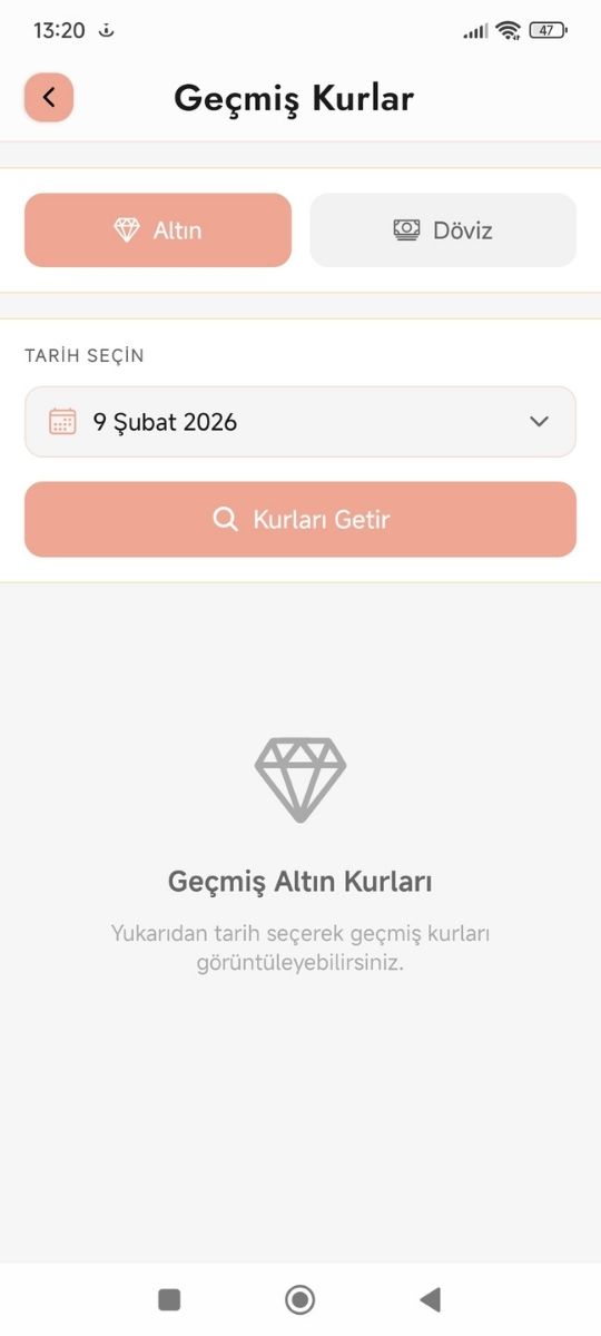 Mobil uygulama — geçmiş kurlar ekranı